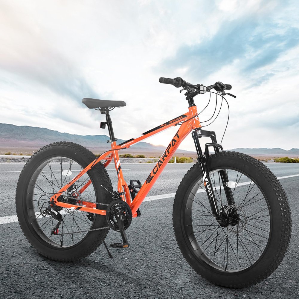 26 Inch Fat Tire Bike Full 21 Speed Mountain Bike, Dual Disc Brake, High-Carbon Steel Frame, Front Suspension, Mountain Trail Bike, Urban Commuter City Bicycle (Orane)