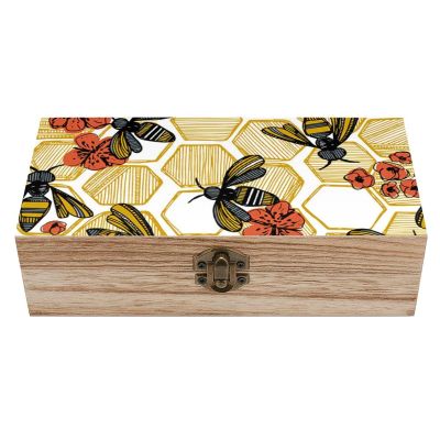 Bee Hexagon Hive Wooden Box with Hinged Lid Keepsake Box Little Container Case Gift for Jewelry Home Storage