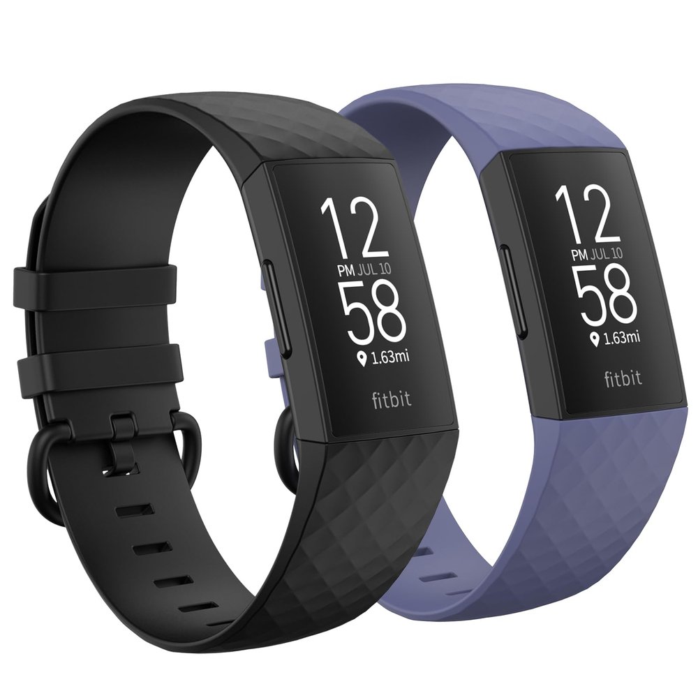 2 Pack Waterproof Bands Compatible with Fitbit charge 3 / Fitbit charge 4 / Fitbit Charge 3 SE, Classic Soft Sports Replacement Wristbands for Women Men (Large 7.1''-8.7'', black/grayish purple)