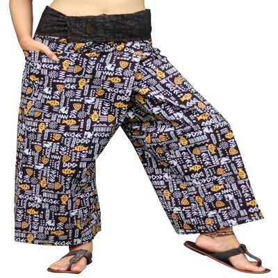 RaanPahMuang Thai Fisherman Pants Loose Yoga, Pirate, Harem, 100% Cotton, Unisex Mens Womens Kimono, Medium-Large, Muang Cotton - Aztec Fish - Black