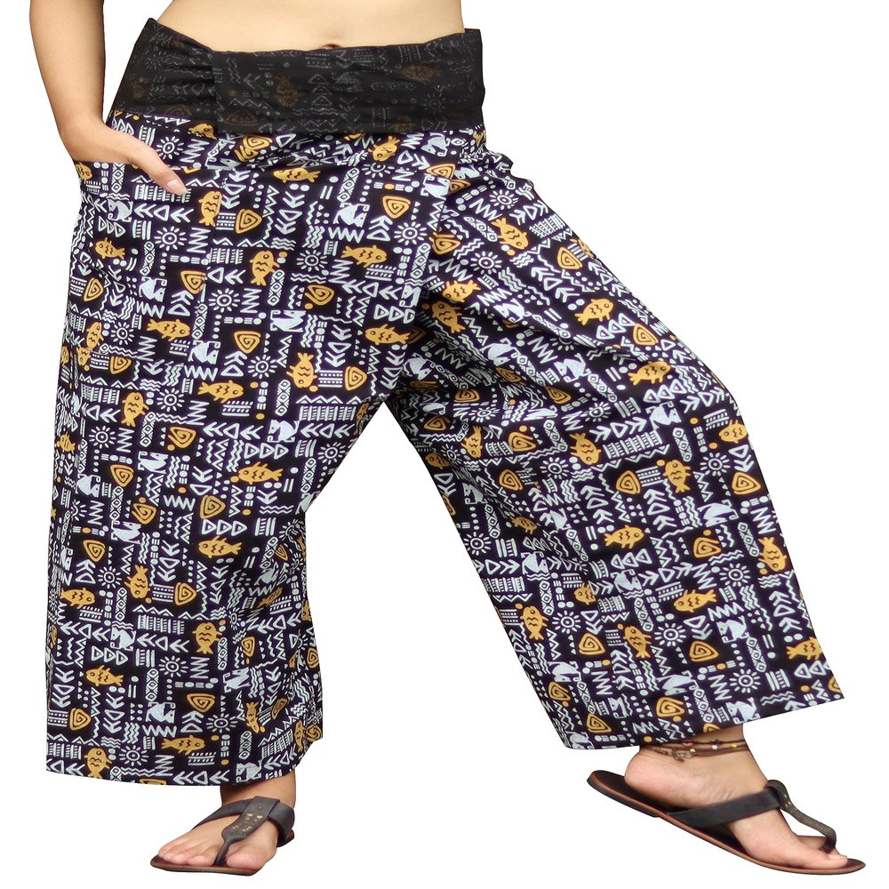 RaanPahMuang Thai Fisherman Pants Loose Yoga, Pirate, Harem, 100% Cotton, Unisex Mens Womens Kimono, Medium-Large, Muang Cotton - Aztec Fish - Black