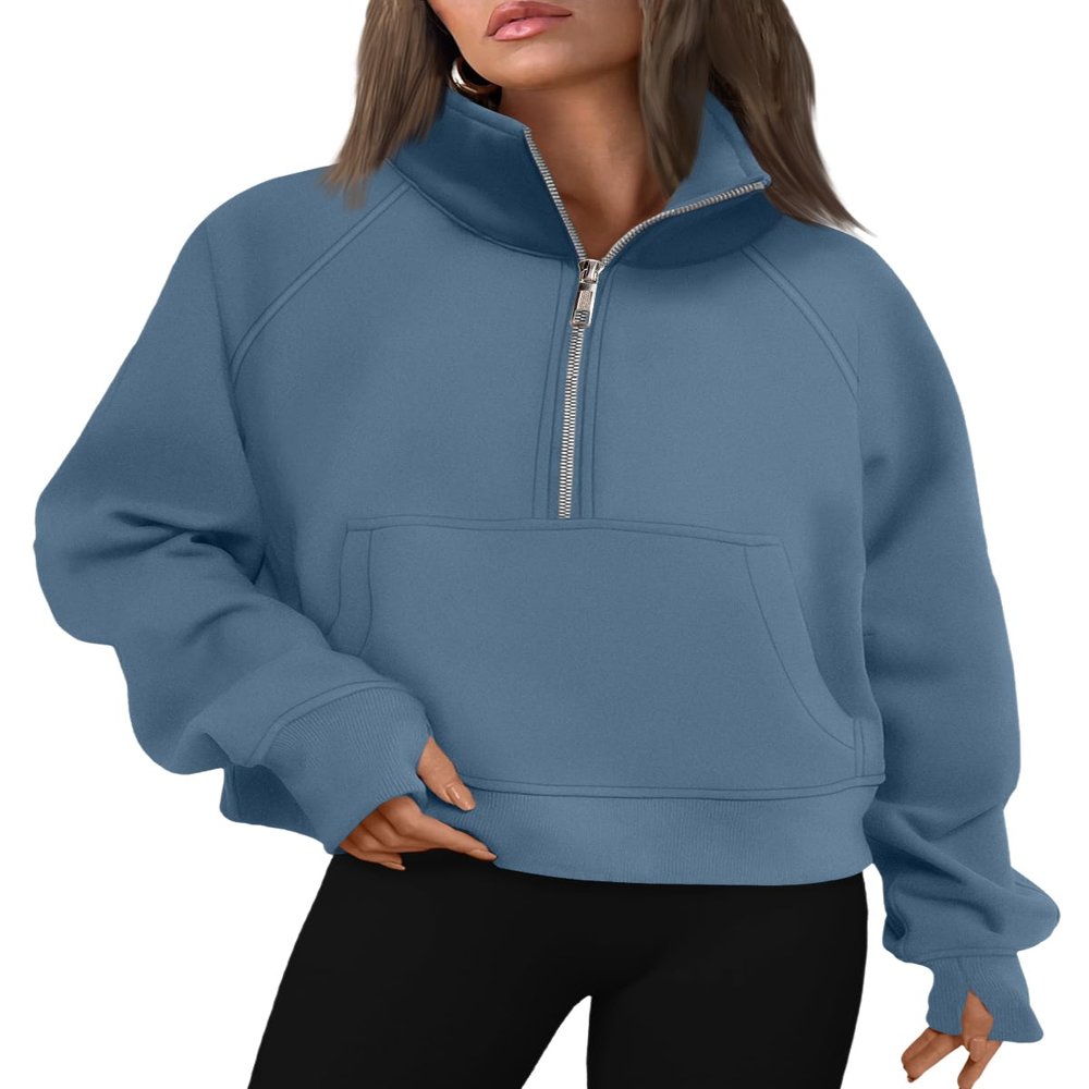 AUTOMET Womens Sweatshirts Half Zip Cropped Pullover Fleece Quarter Zipper Sweater Hoodies 2026 Fall Fashion Outfits Clothes Blue Large