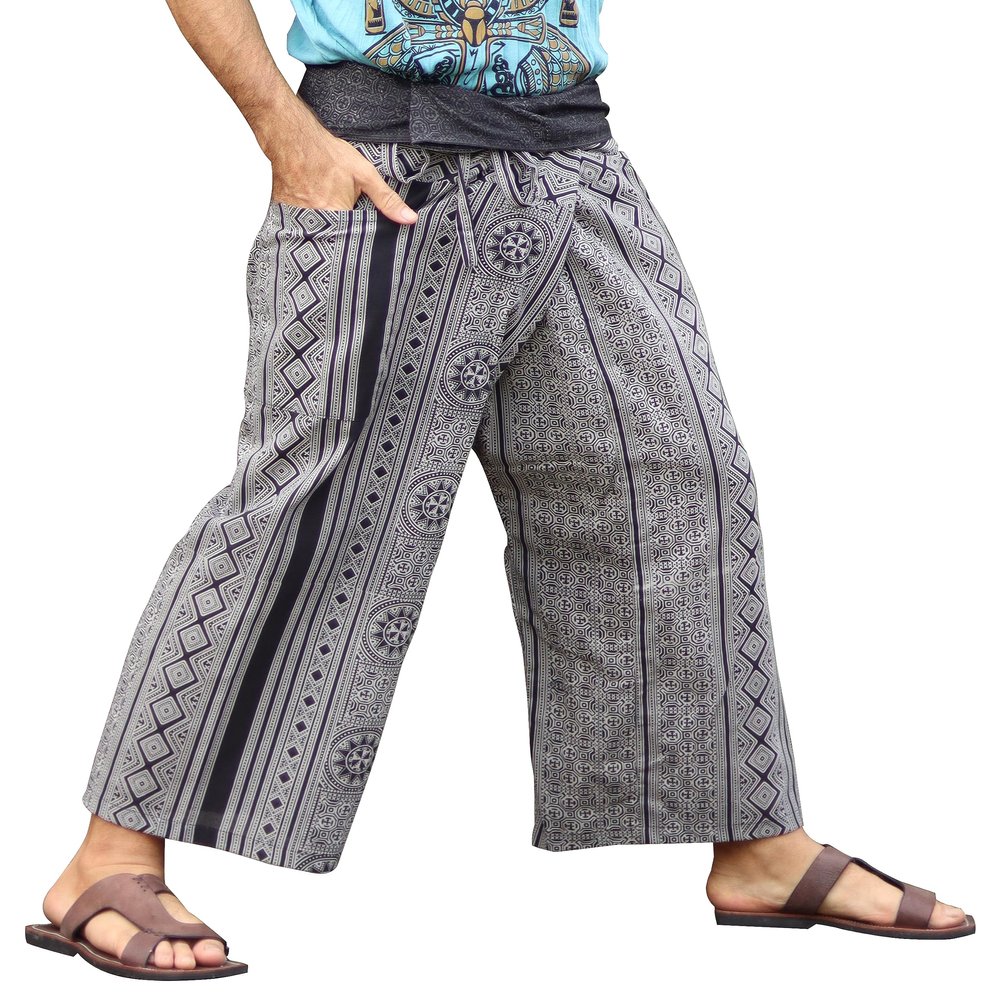 RaanPahMuang Fisherman Pants Casual with Pocket Double Printed Wheel Black Gray sz M/L