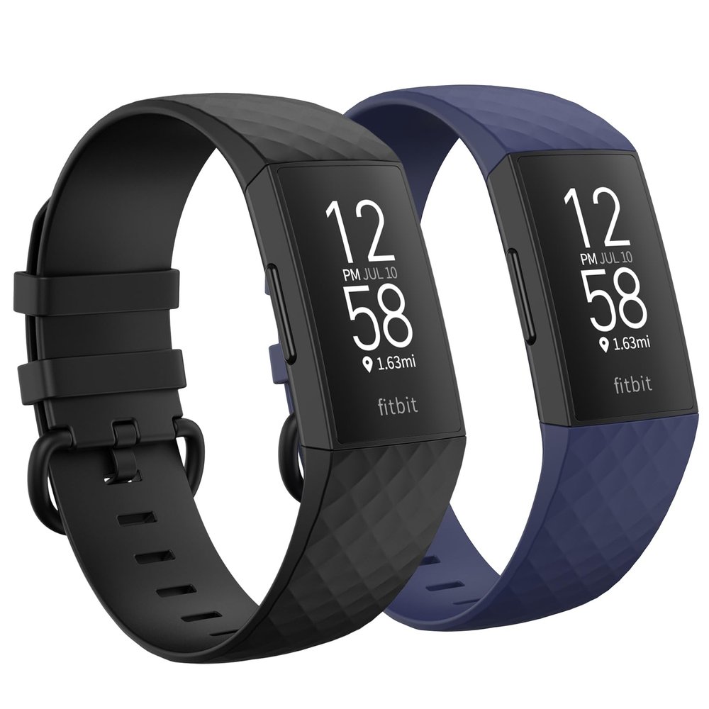 2 Pack Waterproof Bands Compatible with Fitbit charge 3 / Fitbit charge 4 / Fitbit Charge 3 SE, Classic Soft Sports Replacement Wristbands for Women Men (Large 7.1''-8.7'', black navy)