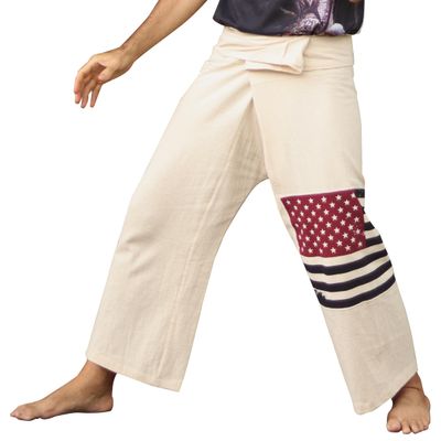RaanPahMuang Thai Fisherman Pants Loose Yoga, Pirate, Harem, 100% Cotton, Unisex Mens Womens Kimono, X-Small-Small, Muang Cotton - Flag - Natural Cream