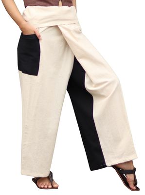 RaanPahMuang Thai Fisherman Pants Loose Yoga, Pirate, Harem, 100% Cotton, Unisex Mens Womens Kimono, X-Small-Small, Muang Cotton - Leg 2 Panel - Cream Black