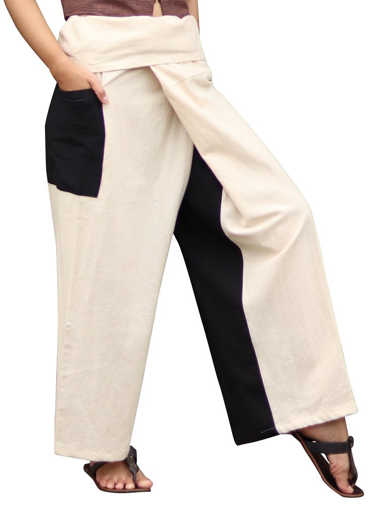RaanPahMuang Thai Fisherman Pants Loose Yoga, Pirate, Harem, 100% Cotton, Unisex Mens Womens Kimono, X-Small-Small, Muang Cotton - Leg 2 Panel - Cream Black