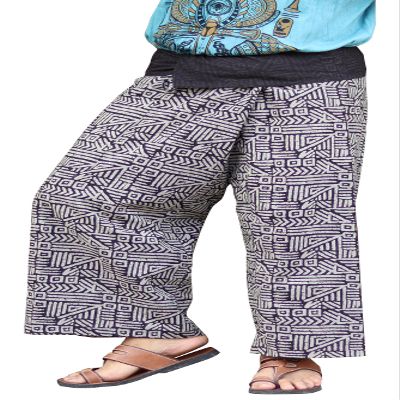 RaanPahMuang Thai Fisherman Pants Loose Yoga, Pirate, Harem, 100% Cotton, Unisex Mens Womens Kimono, Medium-Large, Aum Cotton - Geometry - Black Gray