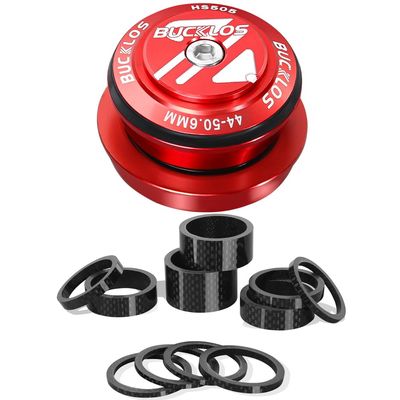 BUCKLOS 1-1/8 Bike Headset Threadless 44-50.6mm Red & 11PCS Carbon Fiber Shiny Spacer
