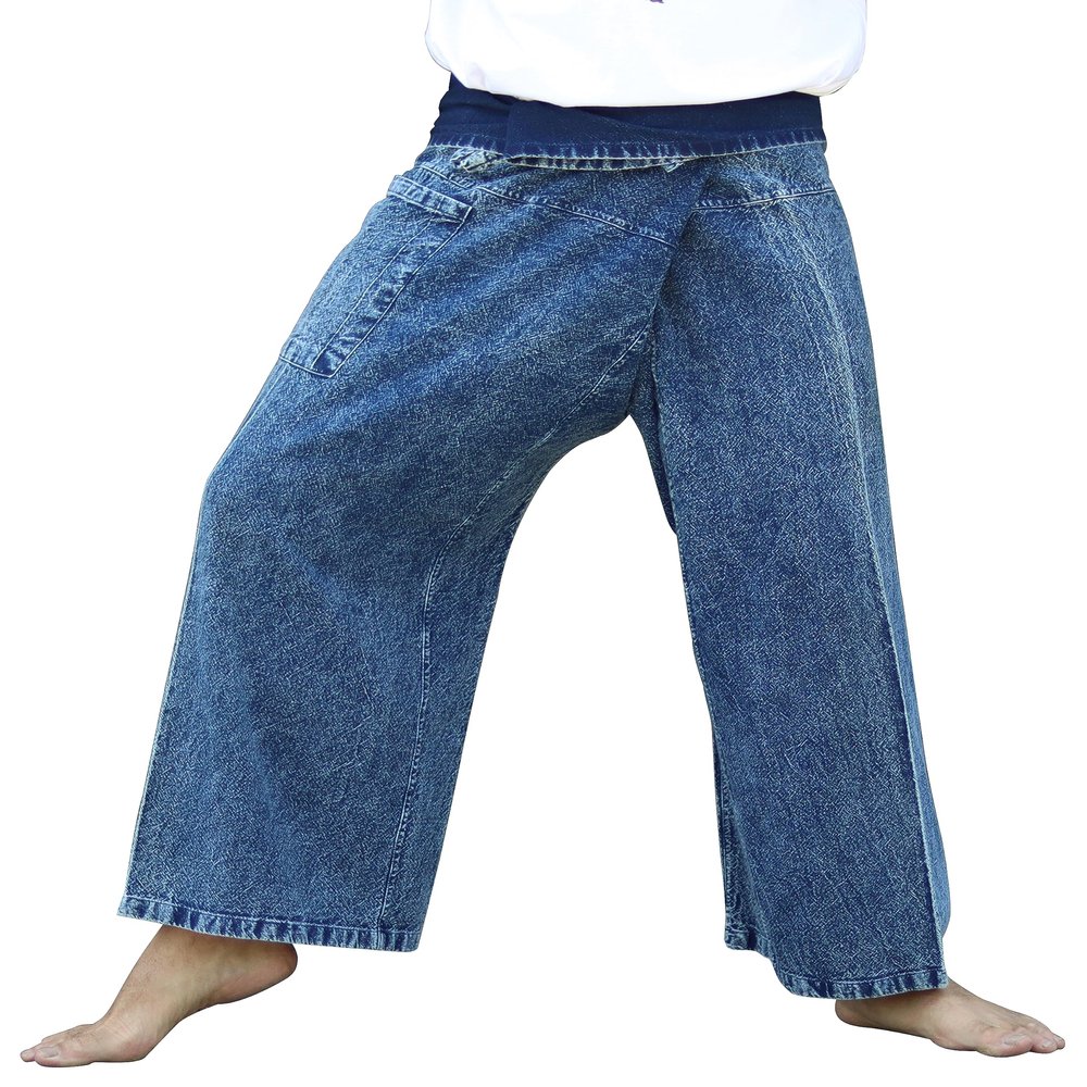 RaanPahMuang Thai Fisherman Pants Loose Yoga, Pirate, Harem, 100% Cotton, Unisex Mens Womens Kimono, X-Small-Small, Stonewashed Cotton - Denim Blue