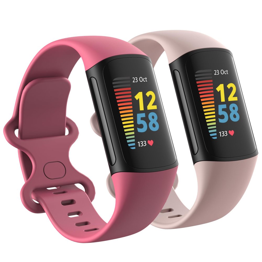 2 Pack Waterproof Bands Compatible with Fitbit Charge 5 / Fitbit Charge 6 for Women Men, Classic Soft Sports Replacement Wristbands for Women Men (Large 7.1''-9.1'', red/pink)