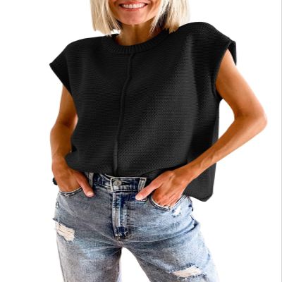 ebossy Women's Vintage Ribbed Round Neck Cap Sleeve Solid Color Spliced Cable Knit Sweater Pullover Top (Medium, Black)