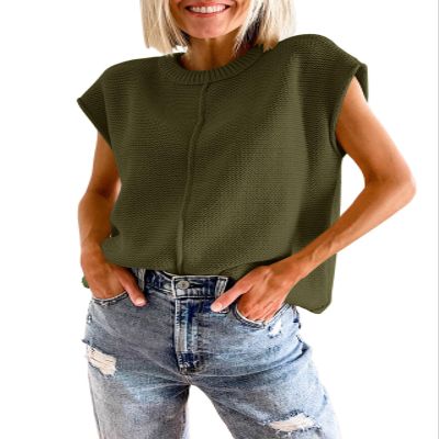 ebossy Women's Vintage Ribbed Round Neck Cap Sleeve Solid Color Spliced Cable Knit Sweater Pullover Top (Small, Army Green)