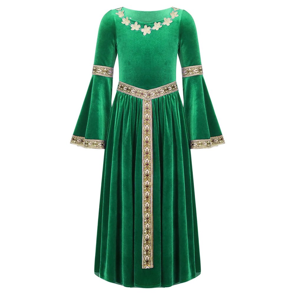 ACSUSS Big Girls Medieval Princess Maxi Dress Renaissance Long Bell Sleeve Vintage Retro Ball Gowns Green 6 Years