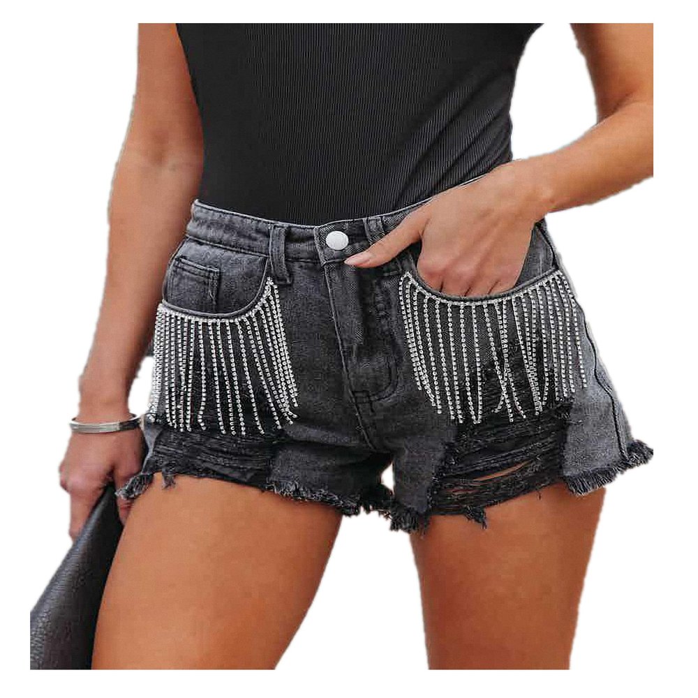 Dawery Women's Casual Chain Tassel Hole Denim Shorts Gary XL