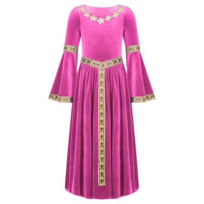 ACSUSS Big Girls Medieval Princess Maxi Dress Renaissance Long Bell Sleeve Vintage Retro Ball Gowns Hot Pink 6 Years