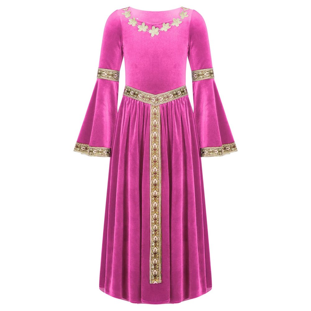 ACSUSS Big Girls Medieval Princess Maxi Dress Renaissance Long Bell Sleeve Vintage Retro Ball Gowns Hot Pink 6 Years