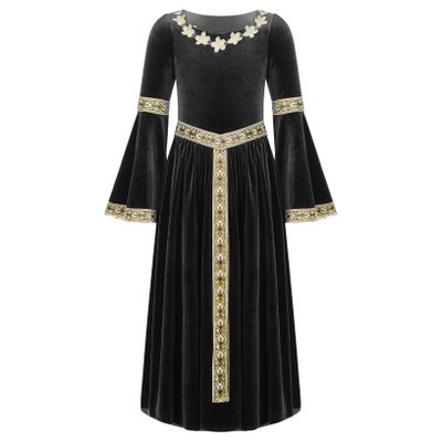 ACSUSS Big Girls Medieval Princess Maxi Dress Renaissance Long Bell Sleeve Vintage Retro Ball Gowns Black 10 Years
