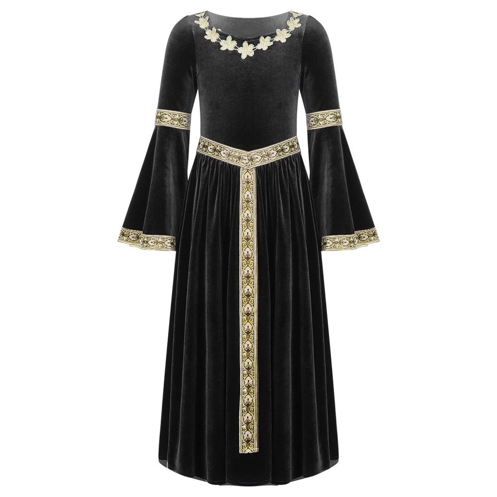 ACSUSS Big Girls Medieval Princess Maxi Dress Renaissance Long Bell Sleeve Vintage Retro Ball Gowns Black 6 Years