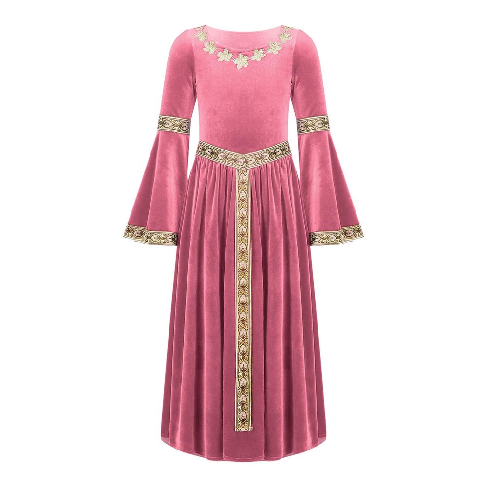 ACSUSS Big Girls Medieval Princess Maxi Dress Renaissance Long Bell Sleeve Vintage Retro Ball Gowns Pink 10 Years