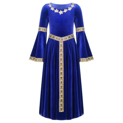 ACSUSS Big Girls Medieval Princess Maxi Dress Renaissance Long Bell Sleeve Vintage Retro Ball Gowns Blue 14 Years