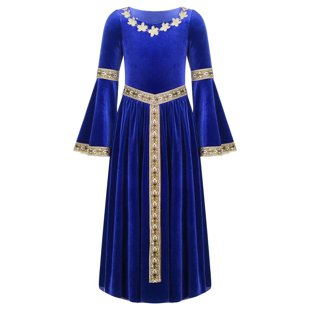 ACSUSS Big Girls Medieval Princess Maxi Dress Renaissance Long Bell Sleeve Vintage Retro Ball Gowns Blue 14 Years