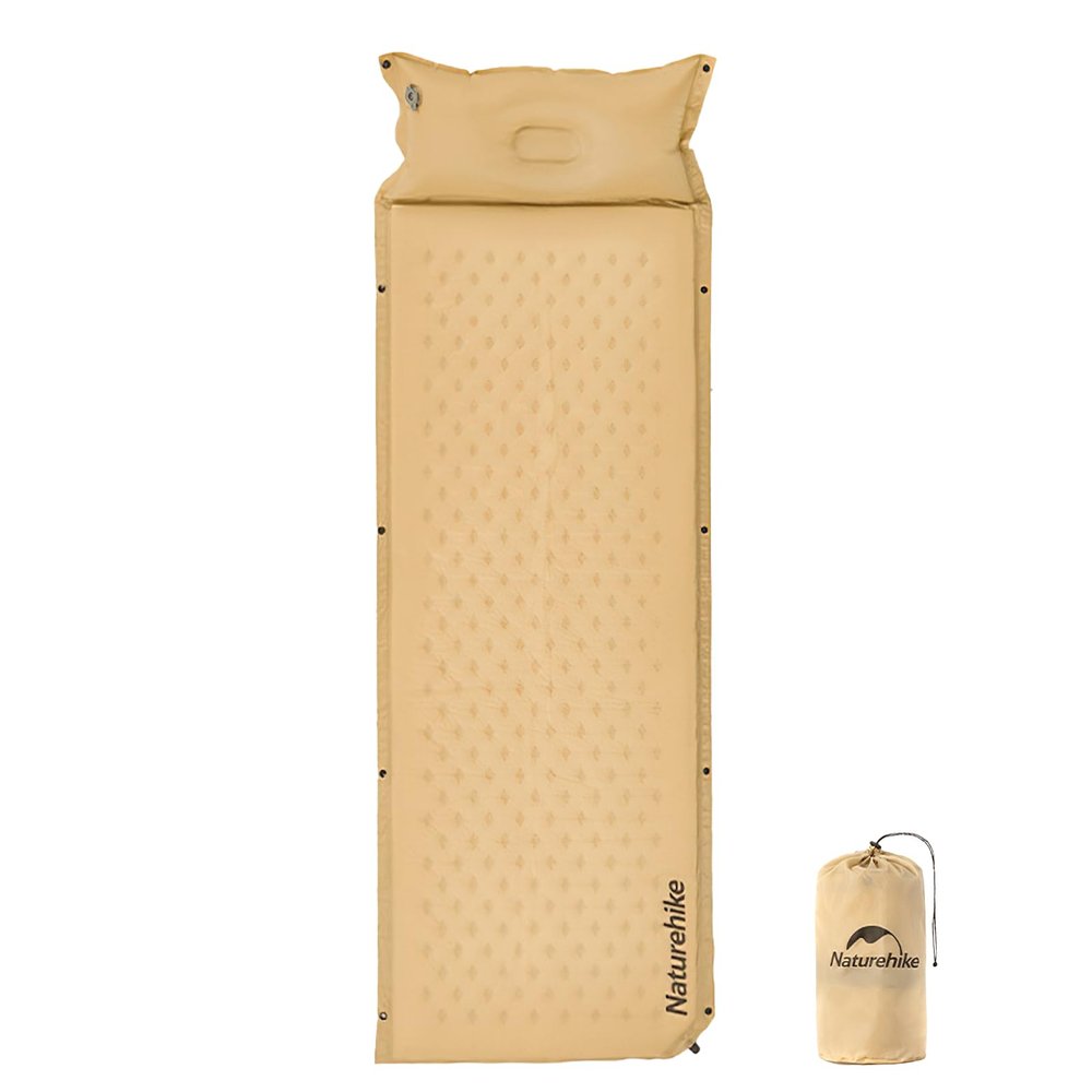 Naturehike Self-Inflating Sleeping Pad with Pillows Inflatable Mattress for 1-2 People 1.2" Sponge Filling Ergonomic Pillow Portable Camping Bed Foldable Activities & Family (1 Person-Khaki)