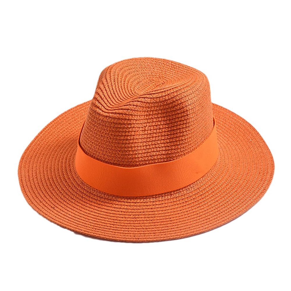 New Summer Straw Hat for Women Panama Soft Shaped Beach Sun Hat Outdoor Travel Hat Sombreros De Mujer Orange 56-58CM