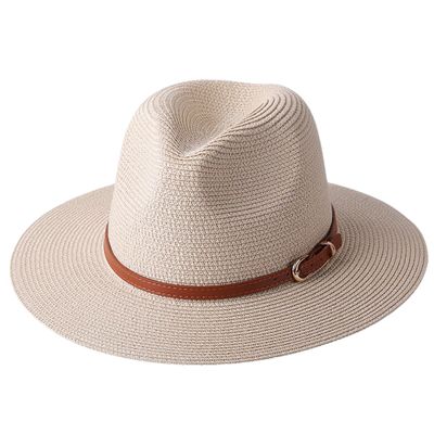 Women Wide Brim Casual Straw Hats with Belt Buckle Panama Jazz Hat Breathable Beach Sun Cap Beige 56-58CM