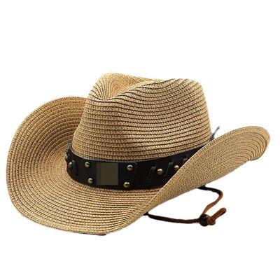 100% Paper Straw Western Hat for Women Men Wide Brim Summer Panama Sun Hat Hombre Hats Khaki 56-58CM