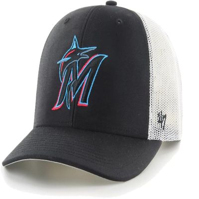 47 MLB Team Color Primary Logo Mesh Trucker Snapback Adjustable Hat Cap, Adult One Size Fits All - Miami Marlins Black