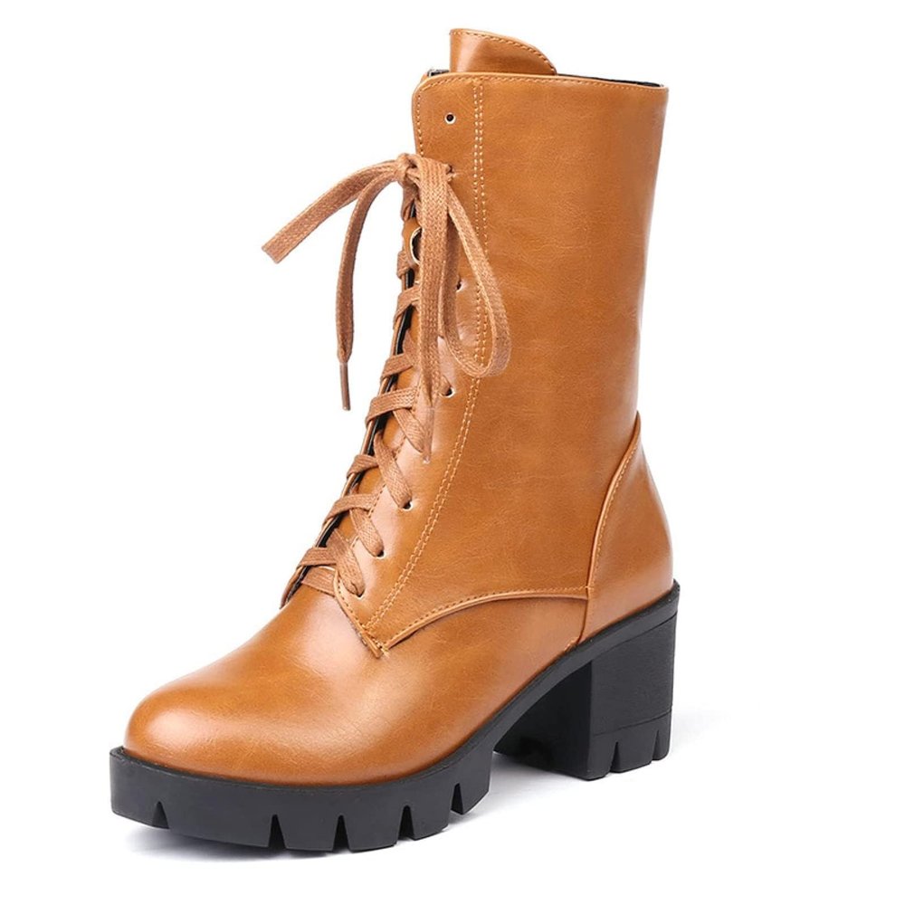 SACFOF Women's Chunky Heel Combat Ankle Bootie Fashion Lace up High Chunky Platform Heel Combat Booties