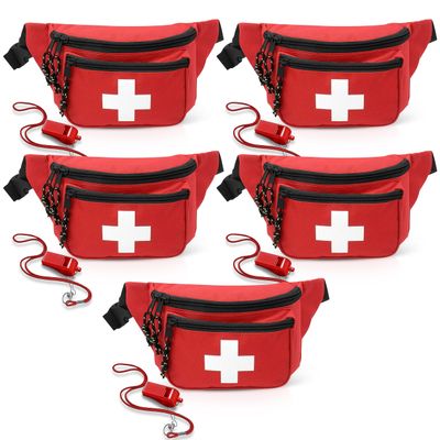 EMS XTRM Lifeguard Fanny Pack Red with Whistle Lanyard - Baywatch Style First Aid Hip Pack, Adjustable Strap, Cross Logo + Zipper Pouch, 5 Pack