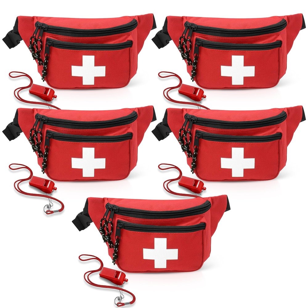 EMS XTRM Lifeguard Fanny Pack Red with Whistle Lanyard - Baywatch Style First Aid Hip Pack, Adjustable Strap, Cross Logo + Zipper Pouch, 5 Pack