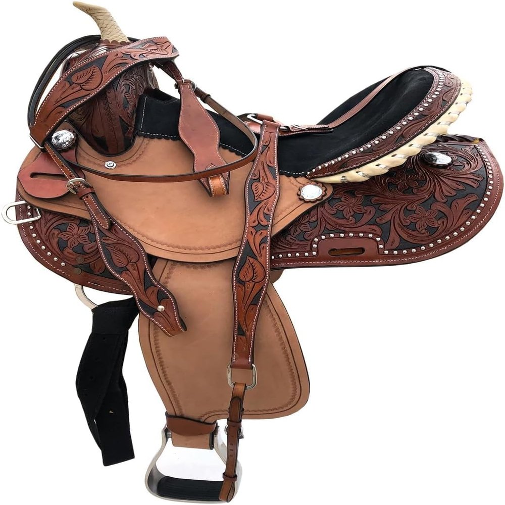 Black Color Horse Saddle, Adults Youth Kids Western Horse Barrel Saddle Leather Tack Set (8" Seat)