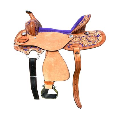 Purple Color Western Horse Saddle, Western Kids Youth Adult Horse Barrel Saddle for Horse Riding, Floral Tooled Saddle with Silver Conchos (14" Seat)