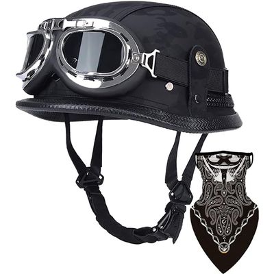 Motorcycle German Leather Half Face Helmet,DOT Approved Cap Half Shell Helmet+Goggles Retro Open-Face Helmet with Adjustable Quick Release Buckle Retro Leather Thin Skull Cap Half Helmet (C,Medium)