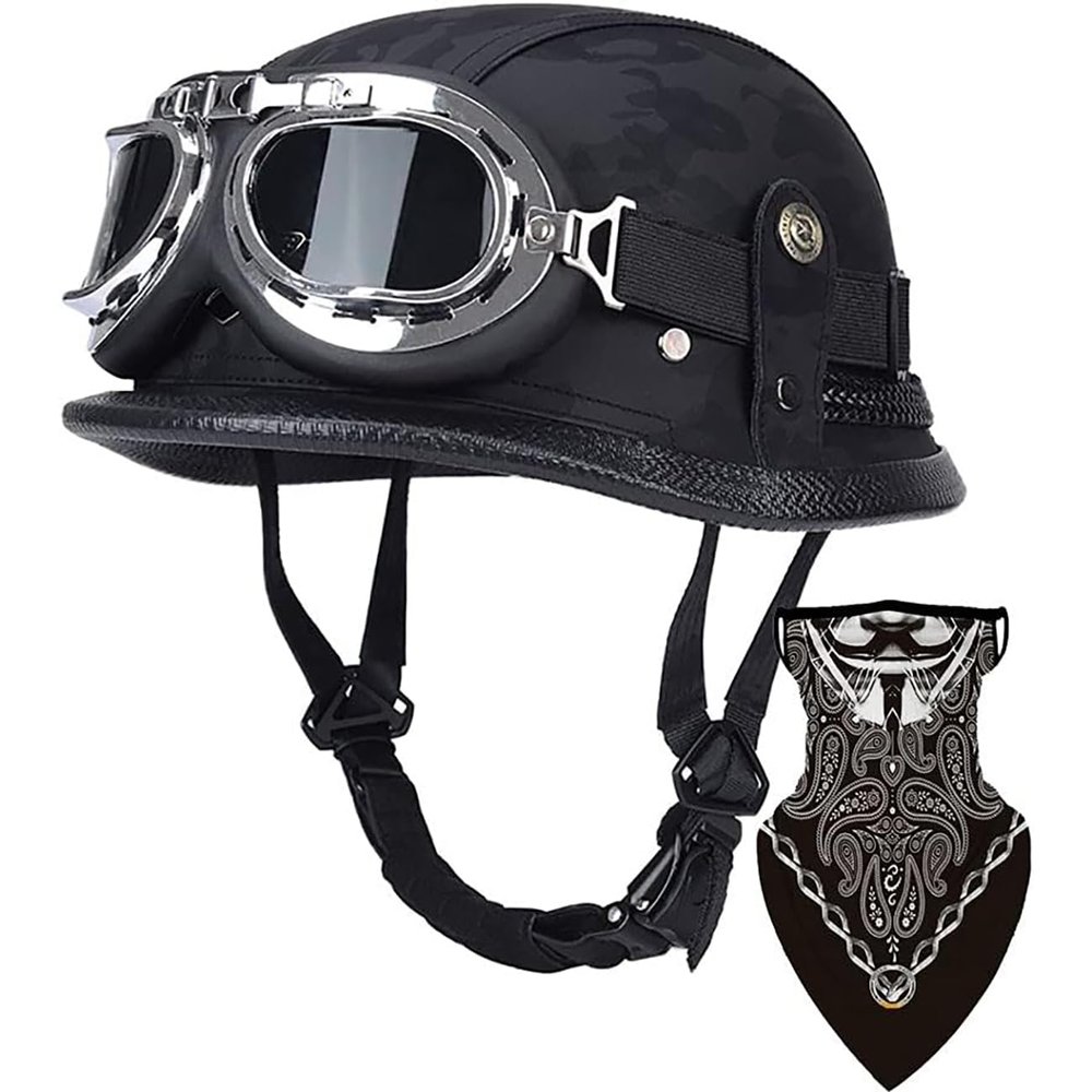 Motorcycle German Leather Half Face Helmet,DOT Approved Cap Half Shell Helmet+Goggles Retro Open-Face Helmet with Adjustable Quick Release Buckle Retro Leather Thin Skull Cap Half Helmet (C,Medium)