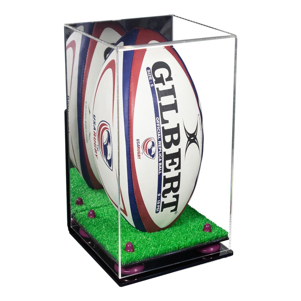 Better Display Cases Acrylic Rugby Ball Display Case Vertical with Mirror Case, Purple Risers, Wall Mount and Turf Base 8" x 8" x 12" (A060/B03)