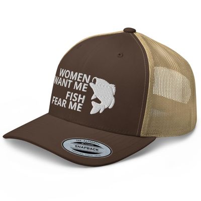 RIVEMUG Women Want Me Fish Fear Me Trucker Hat Curved Bill Mid Crown Adjustable Funny Fishing Cap Brown/Khaki