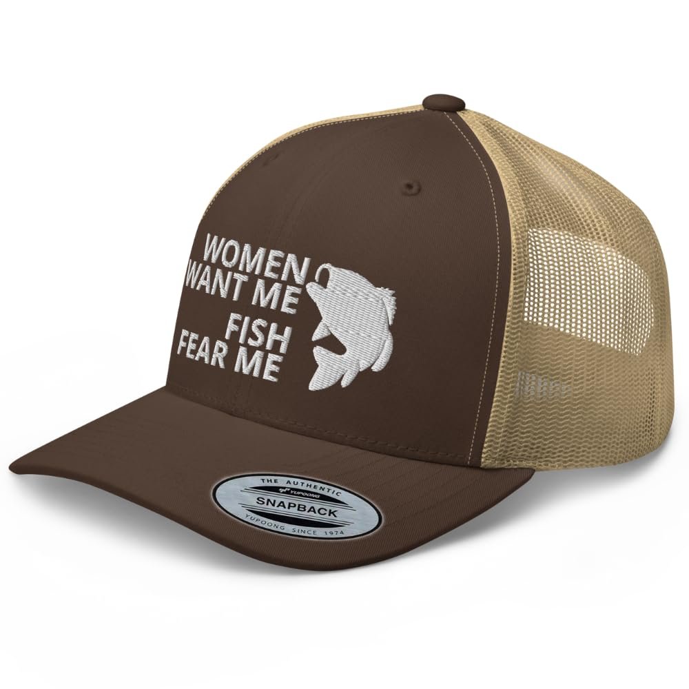 RIVEMUG Women Want Me Fish Fear Me Trucker Hat Curved Bill Mid Crown Adjustable Funny Fishing Cap Brown/Khaki
