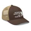 RIVEMUG Women Want Me Fish Fear Me Trucker Hat Curved Bill Mid Crown Adjustable Funny Fishing Cap Brown/Khaki view 4