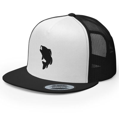 RIVEMUG Bass King Trucker Hat Flat Bill High Crown Adjustable Fishing Cap Black/White/Black