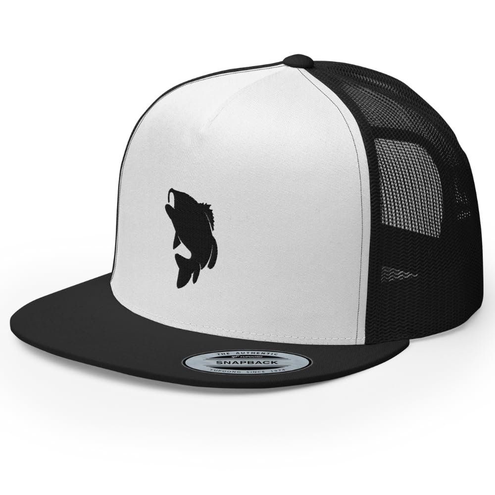 RIVEMUG Bass King Trucker Hat Flat Bill High Crown Adjustable Fishing Cap Black/White/Black