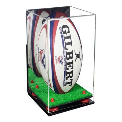 Better Display Cases Acrylic Rugby Ball Display Case Vertical with Mirror Case, Red Risers, Wall Mount and Turf Base 8" x 8" x 12" (A060/B03)