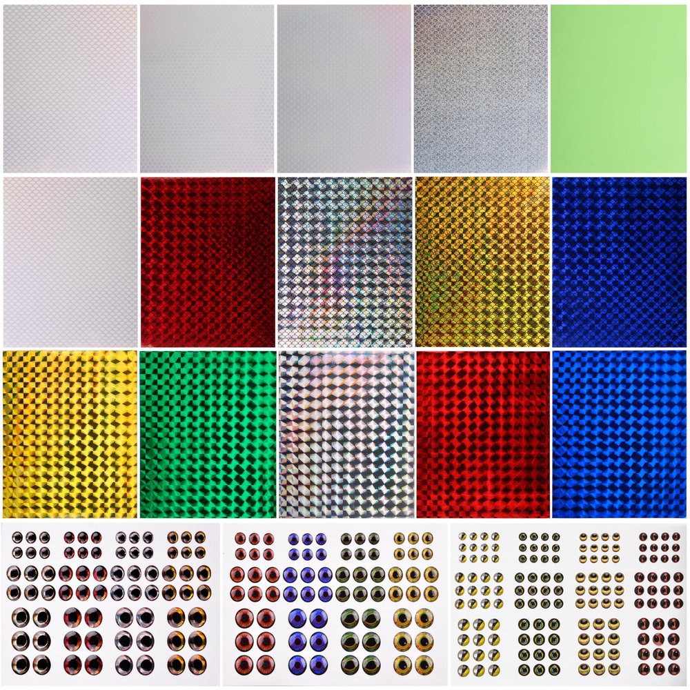OROOTL Fishing Lure Stickers Eyes Kit, Assorted Holographic Adhesive Flash Lure Tapes 3D/4D/5D Fishing Eyes Reflective Film Stickers for Fly Tying DIY Materials, 303pcs
