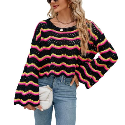 chouyatou Women's Oversized Striped Color Block Sweater Bell Long Sleeve Crochet Sweater Crop Tops (Small, Black)
