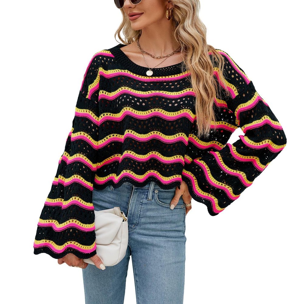 chouyatou Women's Oversized Striped Color Block Sweater Bell Long Sleeve Crochet Sweater Crop Tops (Small, Black)