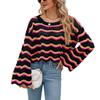 chouyatou Women's Oversized Striped Color Block Sweater Bell Long Sleeve Crochet Sweater Crop Tops (Small, Black) view 1