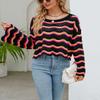 chouyatou Women's Oversized Striped Color Block Sweater Bell Long Sleeve Crochet Sweater Crop Tops (Small, Black) view 3